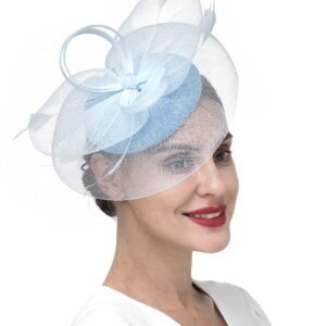 Zivyes Light Blue Tea Party Hat Feather Fascinators for Women Kentucky Derby Hats Wedding Church Pillbox Hat