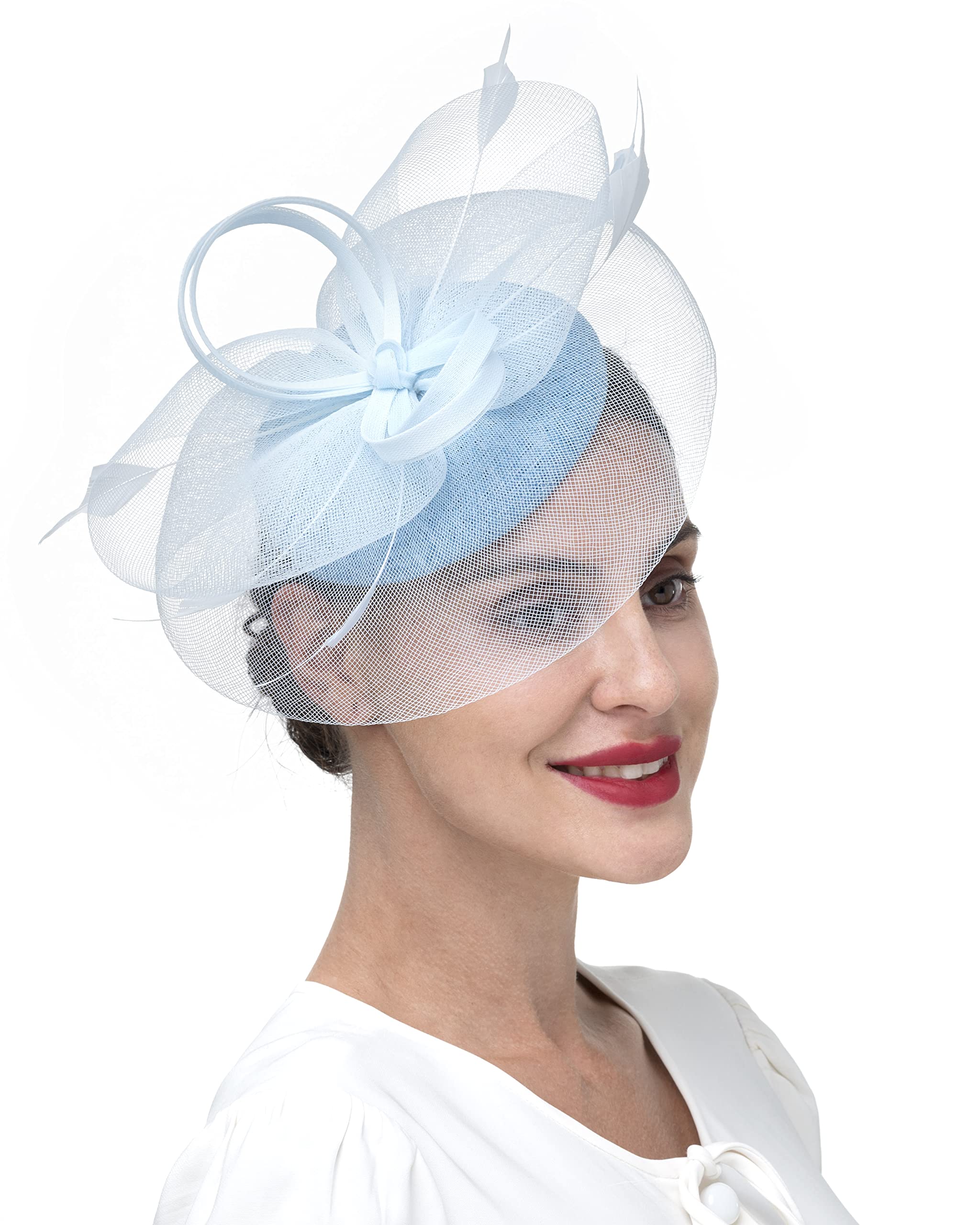 Zivyes Light Blue Tea Party Hat Feather Fascinators for Women Kentucky Derby Hats Wedding Church Pillbox Hat