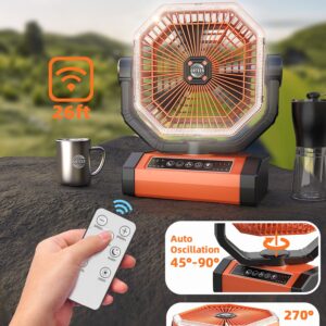 Battery Powered Fan - 9-Inch Rechargeable Fan Portable, 20000mAh(60Hrs) Camping Fan for Tent, Auto Oscillation Cordless Fan, Tent Fan for Camping with Remote/light, 4 Speeds, 4 Timing, Outdoor