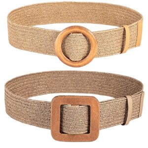 Verdusa Women's 2 Pack Buckle Elastic Straw Belts Boho Waist Belt Brown 80