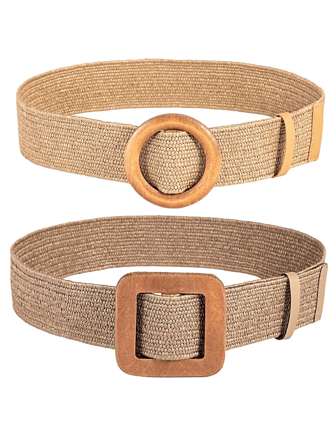 Verdusa Women's 2 Pack Buckle Elastic Straw Belts Boho Waist Belt Brown 80