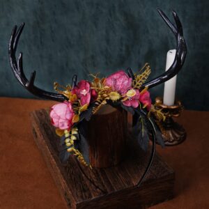 MOSTORY Handmade Dark Antler Flower Headband Fairy Floral Headpiece Black Horns Hairband Medieval Woodland Crown for Renaissance Festival Cosplay Halloween Wedding Fae Ball Masquerade