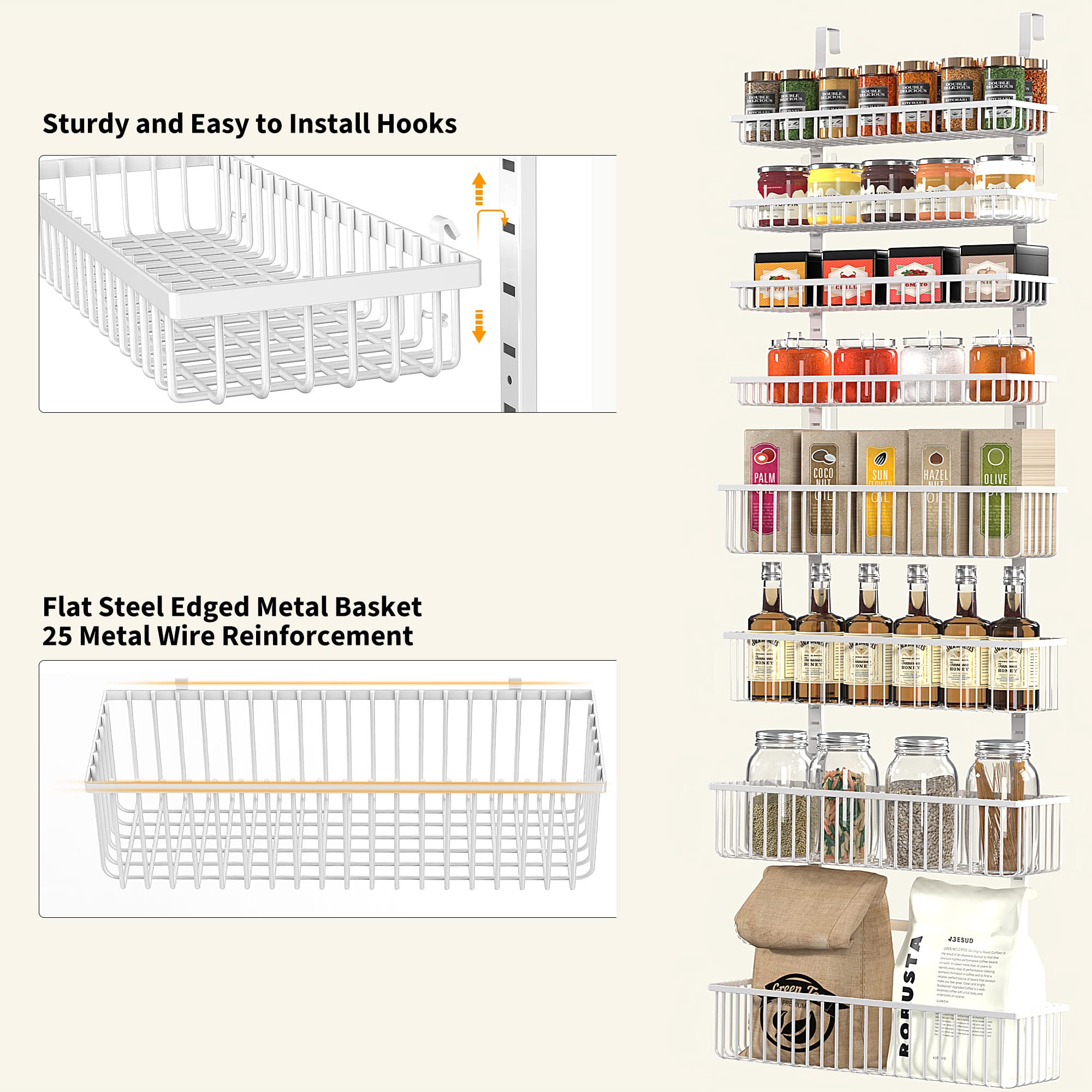 Moforoco Over The Door Pantry Organizer, Pantry Door Organizer Shelves, Kitchen Organizers and Storage, Hanging Basket Wall Spice Rack Seasoning Shelves, Laundry Room Bathroom accessories（White