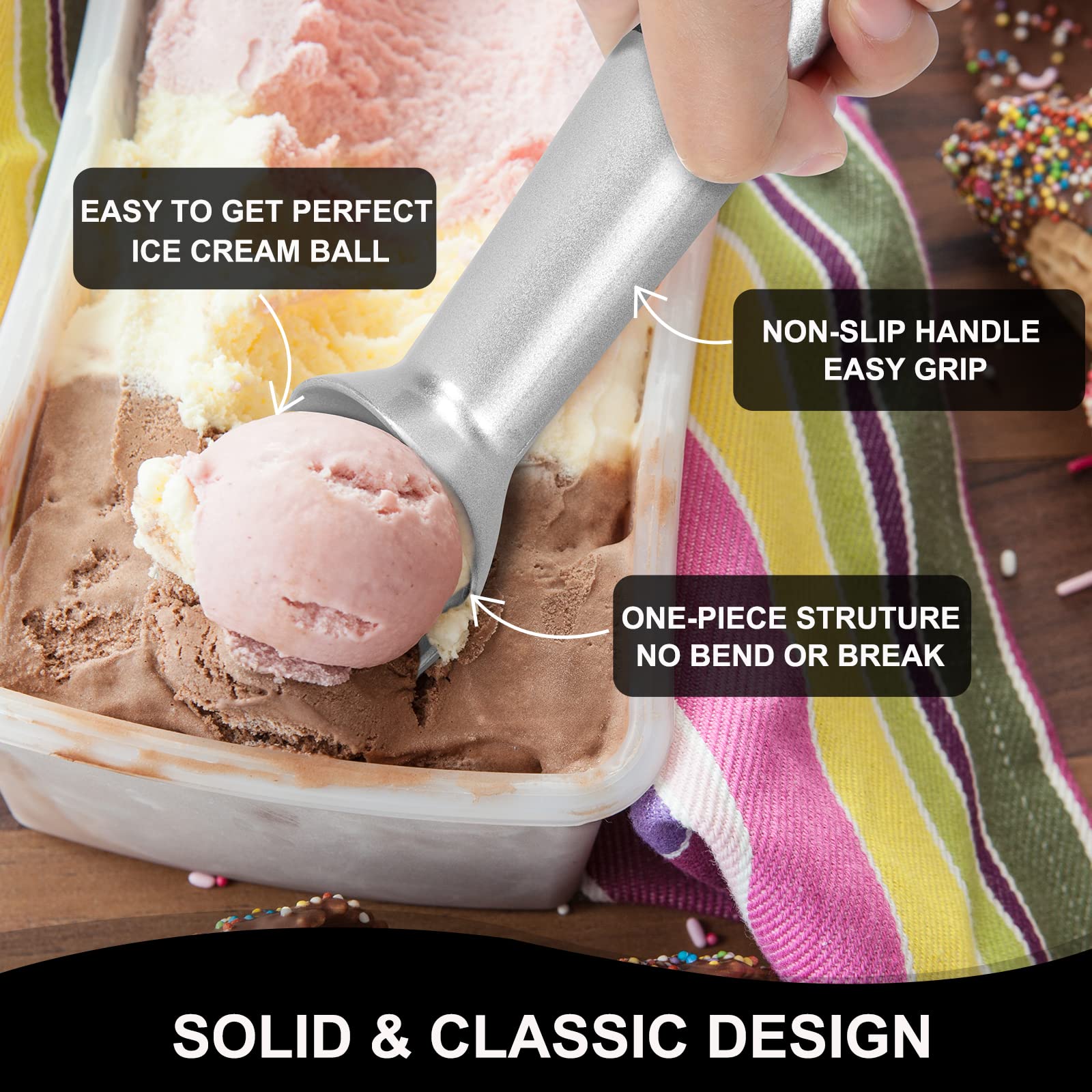 CUNSENR 7 inch Ice Cream Scoop - Professional Metal Ice Cream Scooper - Easy to Use & Clean - Non-Stick Aluminum Ice Cream Spoon - Lightweight Cookie Spoon - Scoop Ice Cream with Ease(Matt Sliver)