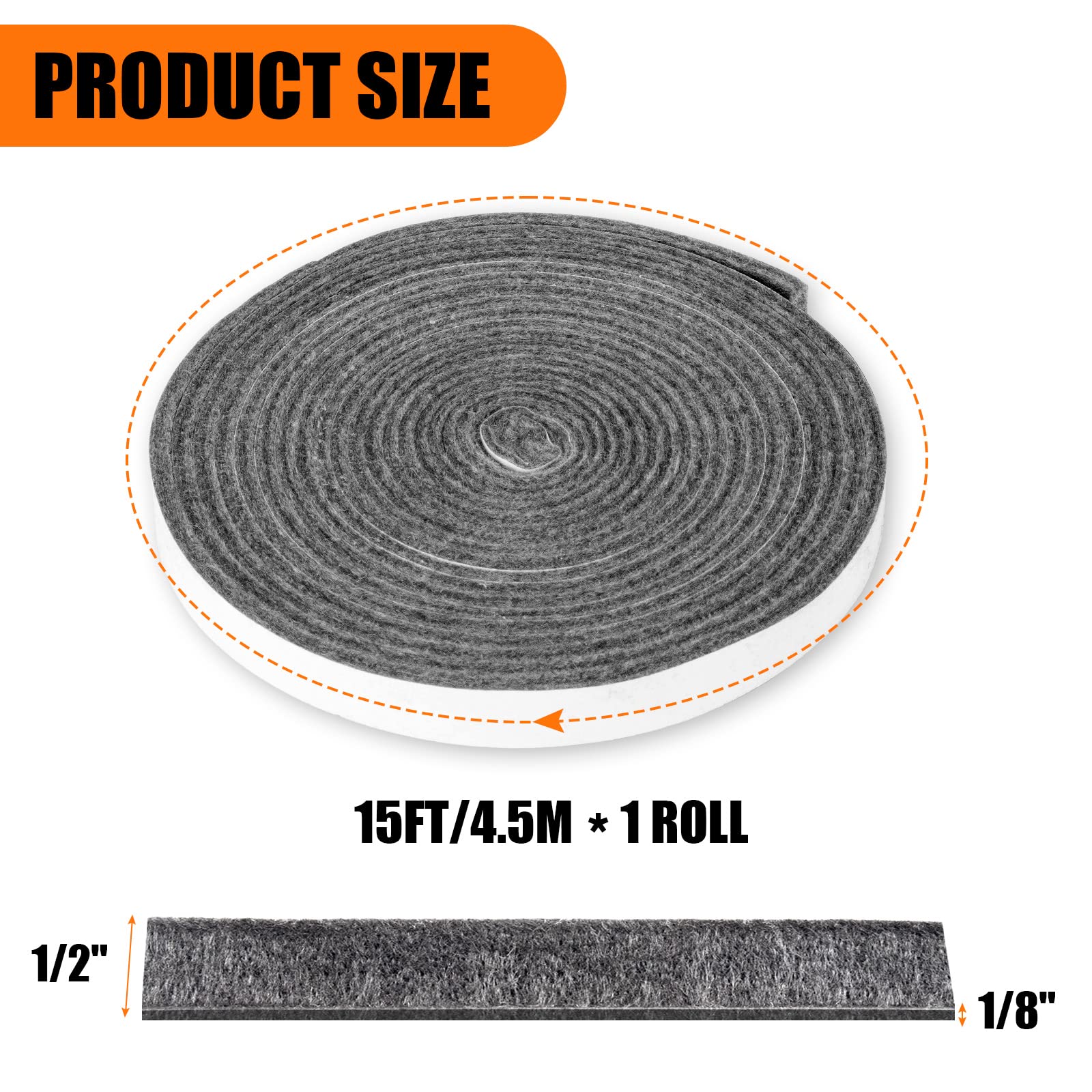 Smoker Gasket Seals 15 FT, 1/2" x 1/8" High Temp Grill Gasket Replacement Self Stick Felt, High Heat BBQ Gasket Tape Smoker Chef for Smokers BBQ Lid Black