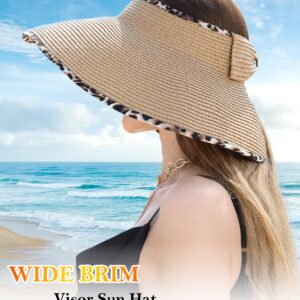 Womens Beach Straw Sun Hats Ponytail Hole Wide Brim Summer Visor Foldable Hat Sun Protection Packable for Travel Pool(One Size,Khaki with Leopard)