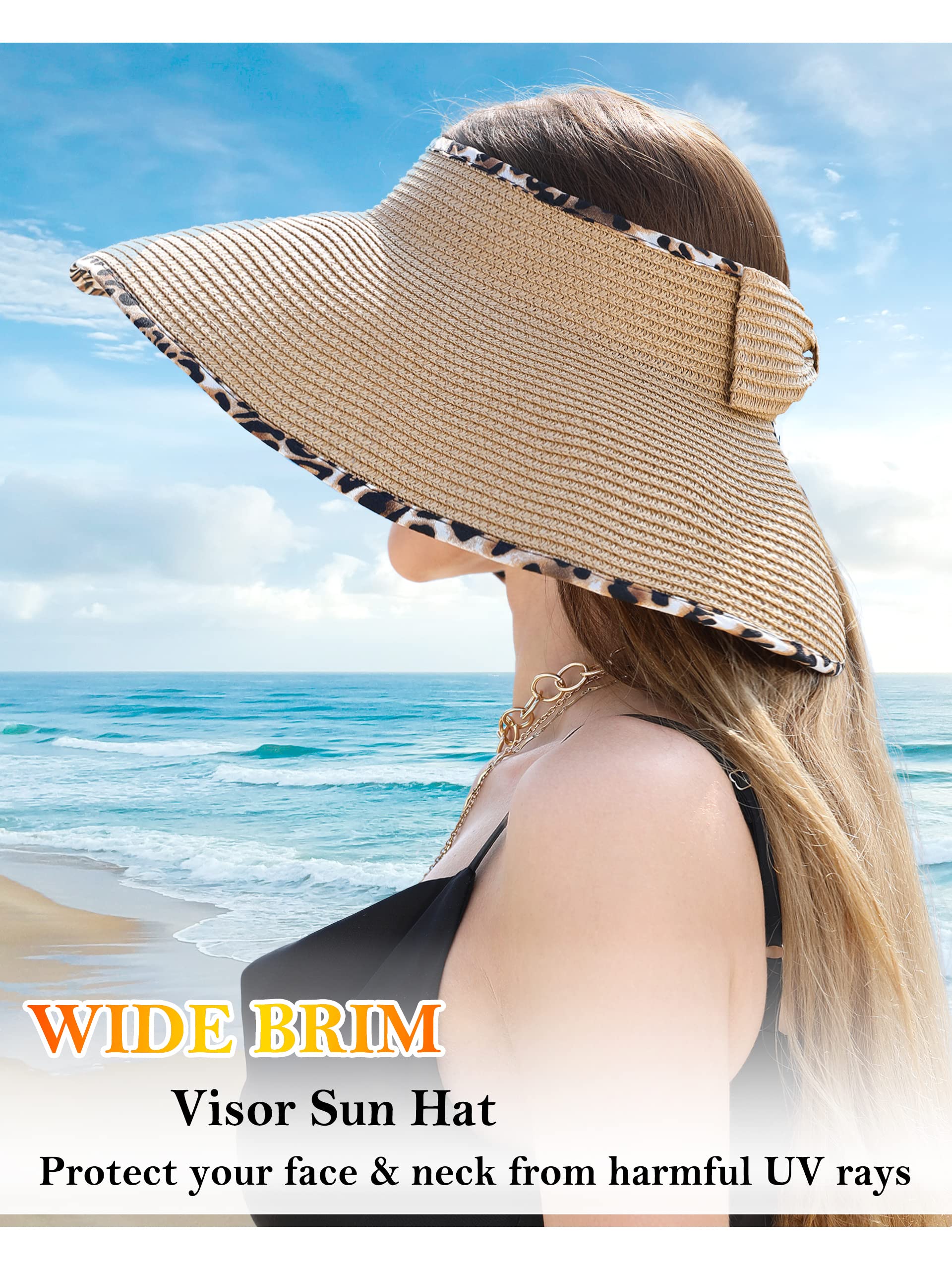 Womens Beach Straw Sun Hats Ponytail Hole Wide Brim Summer Visor Foldable Hat Sun Protection Packable for Travel Pool(One Size,Khaki with Leopard)