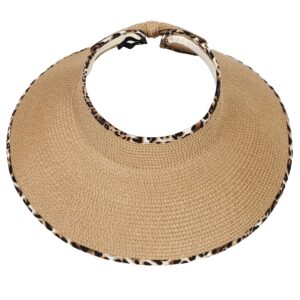 Womens Beach Straw Sun Hats Ponytail Hole Wide Brim Summer Visor Foldable Hat Sun Protection Packable for Travel Pool(One Size,Khaki with Leopard)