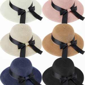 Pasimy 6 Pcs Straw Hat for Women UPF 50+ Summer Floppy Hat Woven Beach Hat Foldable Bucket Hat with Bowknot for Women(Mixed Colors,Bowknot Style)