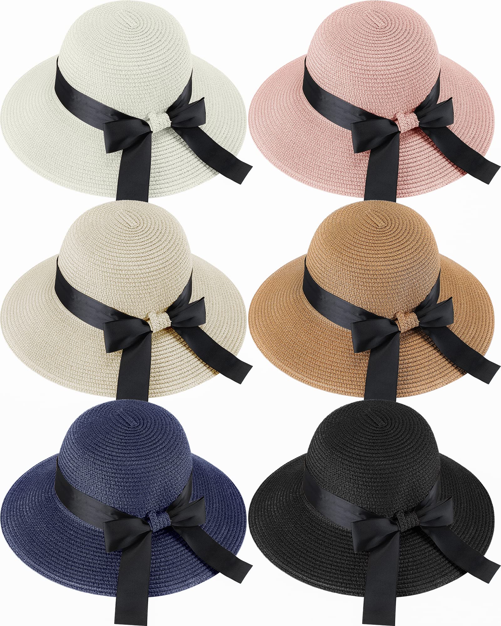 Pasimy 6 Pcs Straw Hat for Women UPF 50+ Summer Floppy Hat Woven Beach Hat Foldable Bucket Hat with Bowknot for Women(Mixed Colors,Bowknot Style)