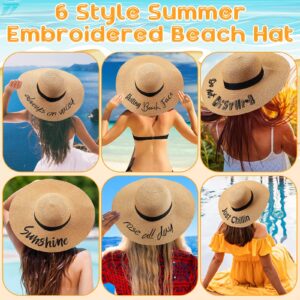 Sureio 6 Pcs Beach Hat for Women Summer Floppy Hat Embroidered Foldable Sun Hat Large Brim Adjustable Straw Hats for Women Vocation Travel