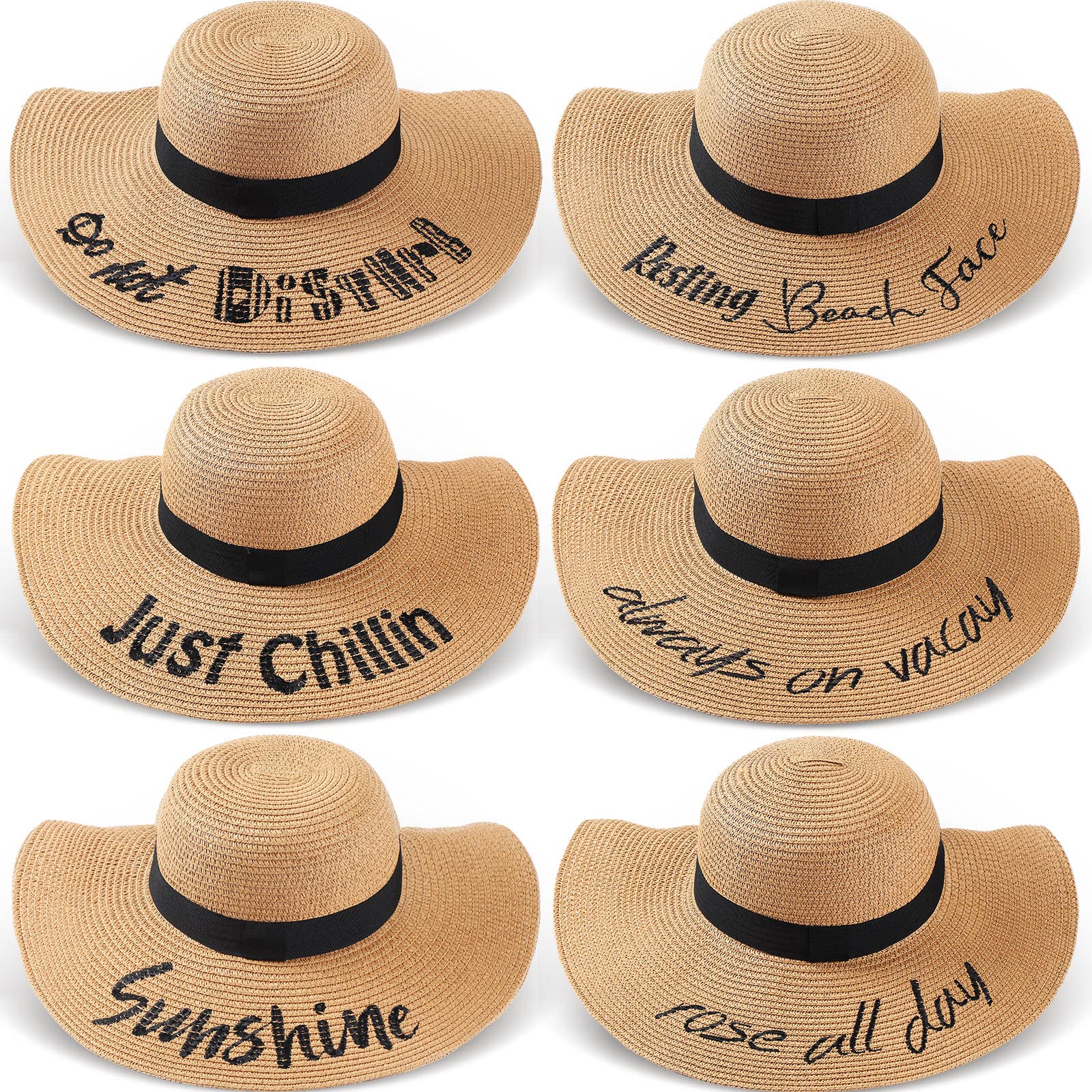 Sureio 6 Pcs Beach Hat for Women Summer Floppy Hat Embroidered Foldable Sun Hat Large Brim Adjustable Straw Hats for Women Vocation Travel