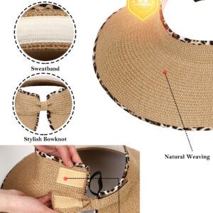 Womens Beach Straw Sun Hats Ponytail Hole Wide Brim Summer Visor Foldable Hat Sun Protection Packable for Travel Pool(One Size,Khaki with Leopard)