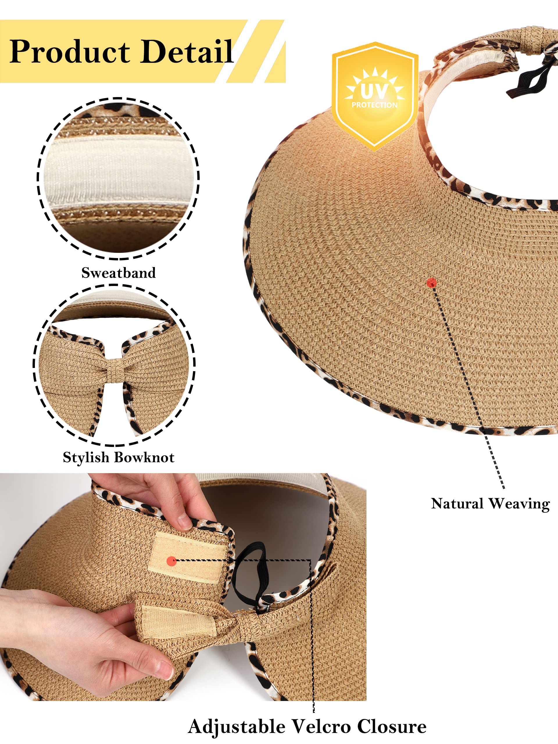 Womens Beach Straw Sun Hats Ponytail Hole Wide Brim Summer Visor Foldable Hat Sun Protection Packable for Travel Pool(One Size,Khaki with Leopard)