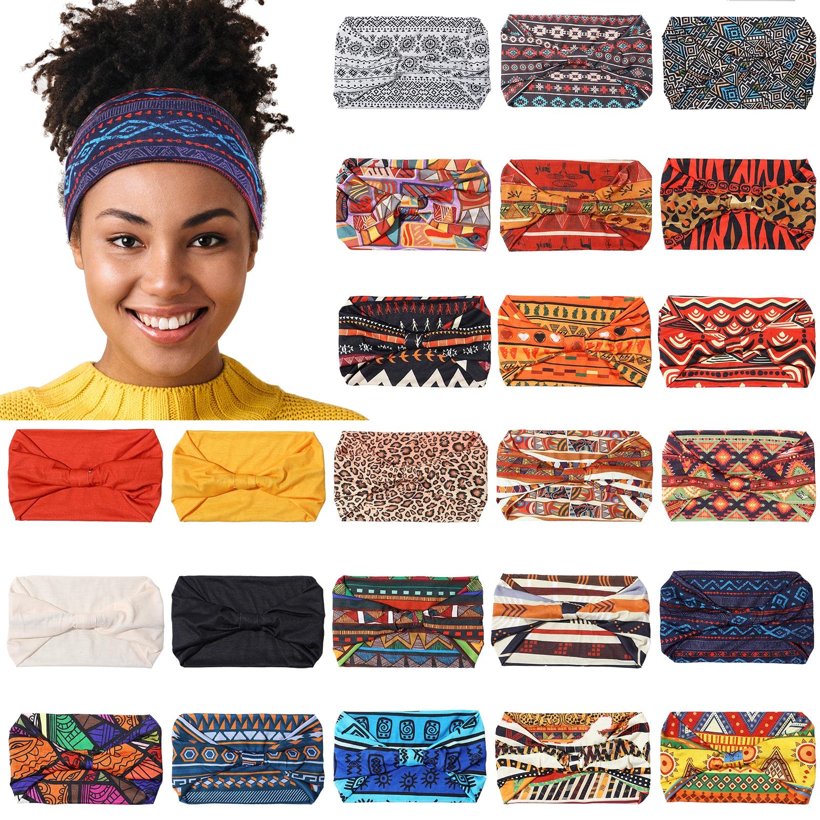 Cindeer HAIRBAND 24 Pcs for Women Girls - Black - Ample to Use and Share - Soft and Stretchy - African Patterns - Suitable for Workout, Yoga & Other Activities - Proper Size