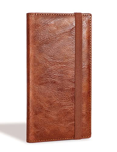 Yarnic Checkbook Cover for Personal Checkbook, Checkbook Holder with Pen Holder & Built-in Clear Plastic Divider for Duplicate Checks (Brown)