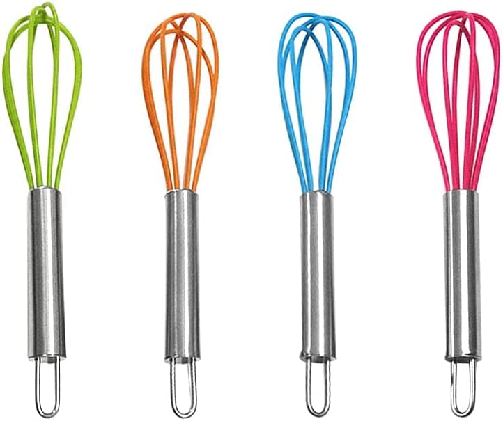 4 Pack" Multi-Color Mini Silicone Kitchen Whisks with Stainless Steel Handles Egg Beater Milk Beater Balloon Whisk for Blending Stirring Whisking and Beating(4 Colors)