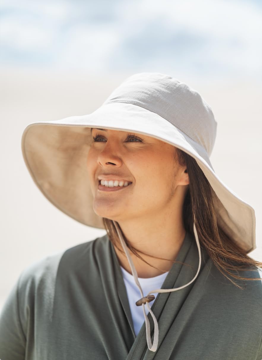 Solbari Ultra Wide Cotton Linen Hat - UPF50+ Packable UV Sun Protection Hat with Large Brim and Detachable Strap, Light Natural, Small - Medium