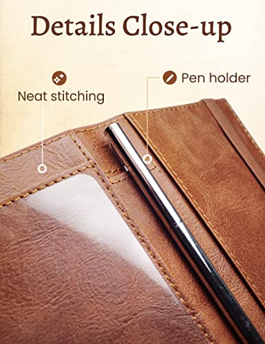 Yarnic Checkbook Cover for Personal Checkbook, Checkbook Holder with Pen Holder & Built-in Clear Plastic Divider for Duplicate Checks (Brown)