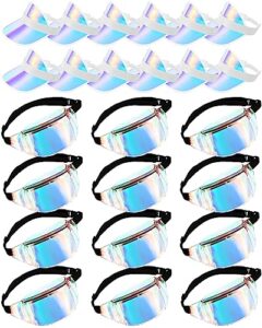 jeyiour 24 pcs holographic fanny packs bulk and sun visor set 12 sun visor hat colored beach golf cap 12 metallic color fanny packs pvc clear waist bag for women sports wedding bachelorette party gift