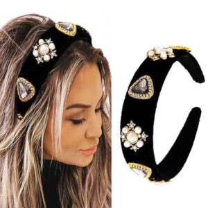 coridy black baroque jeweled headband pearl rhinestones wide hairband velvet hair hoop wide head band for women (elegant)