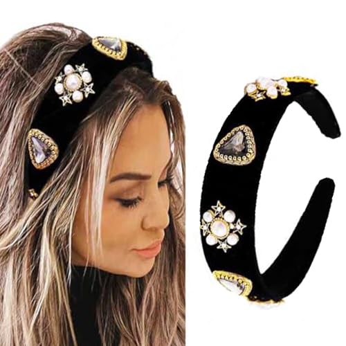 Coridy Black Baroque Jeweled Headband Pearl Rhinestones Wide Hairband Velvet Hair Hoop Wide Head Band for Women (Elegant)