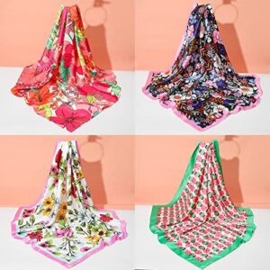 Molans 35” Satin Large Square Hair Scarves, 4pcs Silk Head Scarf Bandanas for Women,Silk Head Wraps for Sleeping(Plant flower)