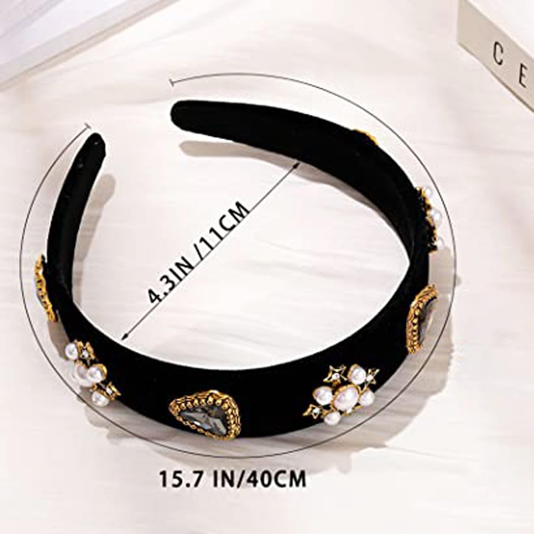 Coridy Black Baroque Jeweled Headband Pearl Rhinestones Wide Hairband Velvet Hair Hoop Wide Head Band for Women (Elegant)