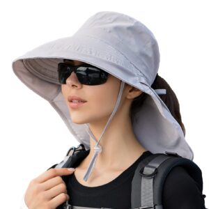 Women Sun Hats UV Protection Wide Brim Foldable Ponytail Hole Beach Hats with Neck Cover for Gardening (Light Grey)