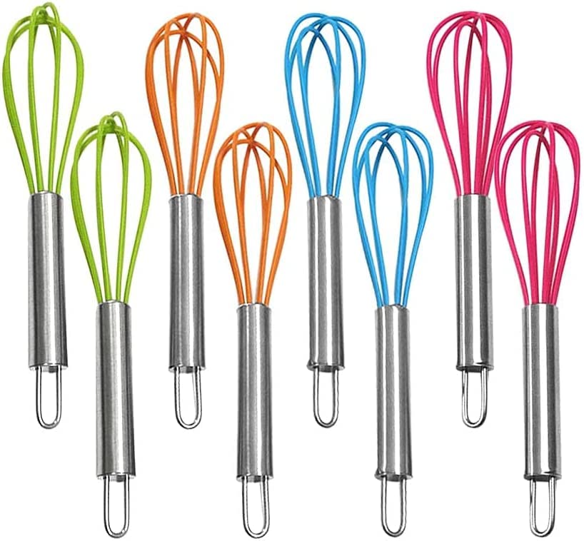 4 Pack" Multi-Color Mini Silicone Kitchen Whisks with Stainless Steel Handles Egg Beater Milk Beater Balloon Whisk for Blending Stirring Whisking and Beating(4 Colors)