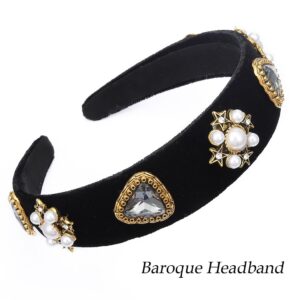 Coridy Black Baroque Jeweled Headband Pearl Rhinestones Wide Hairband Velvet Hair Hoop Wide Head Band for Women (Elegant)