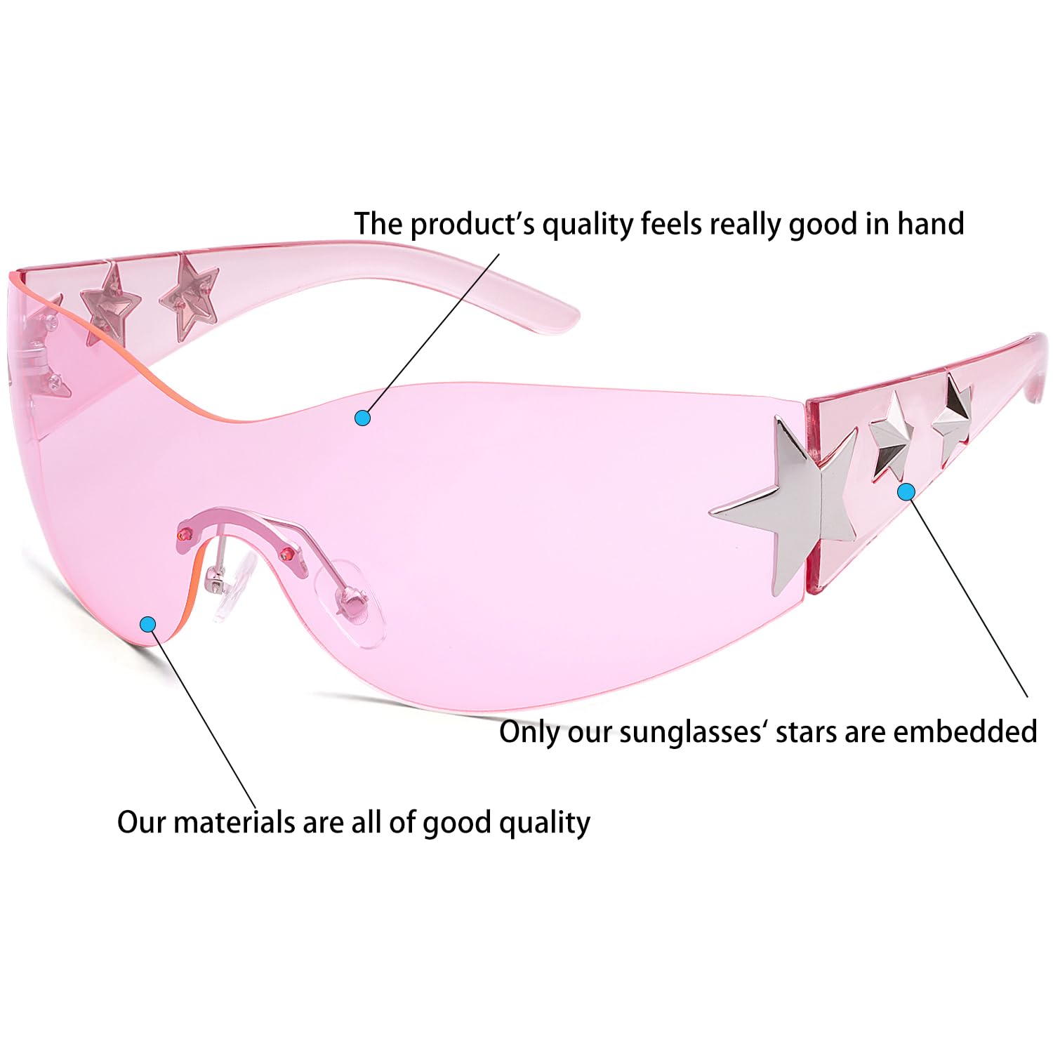 Haqptul Rimless Y2K Sunglasses Star Wrap Around Glasses 2000S Accessories for Women Men Trendy Fashion Cool Shield Shades (Pink/Pink)