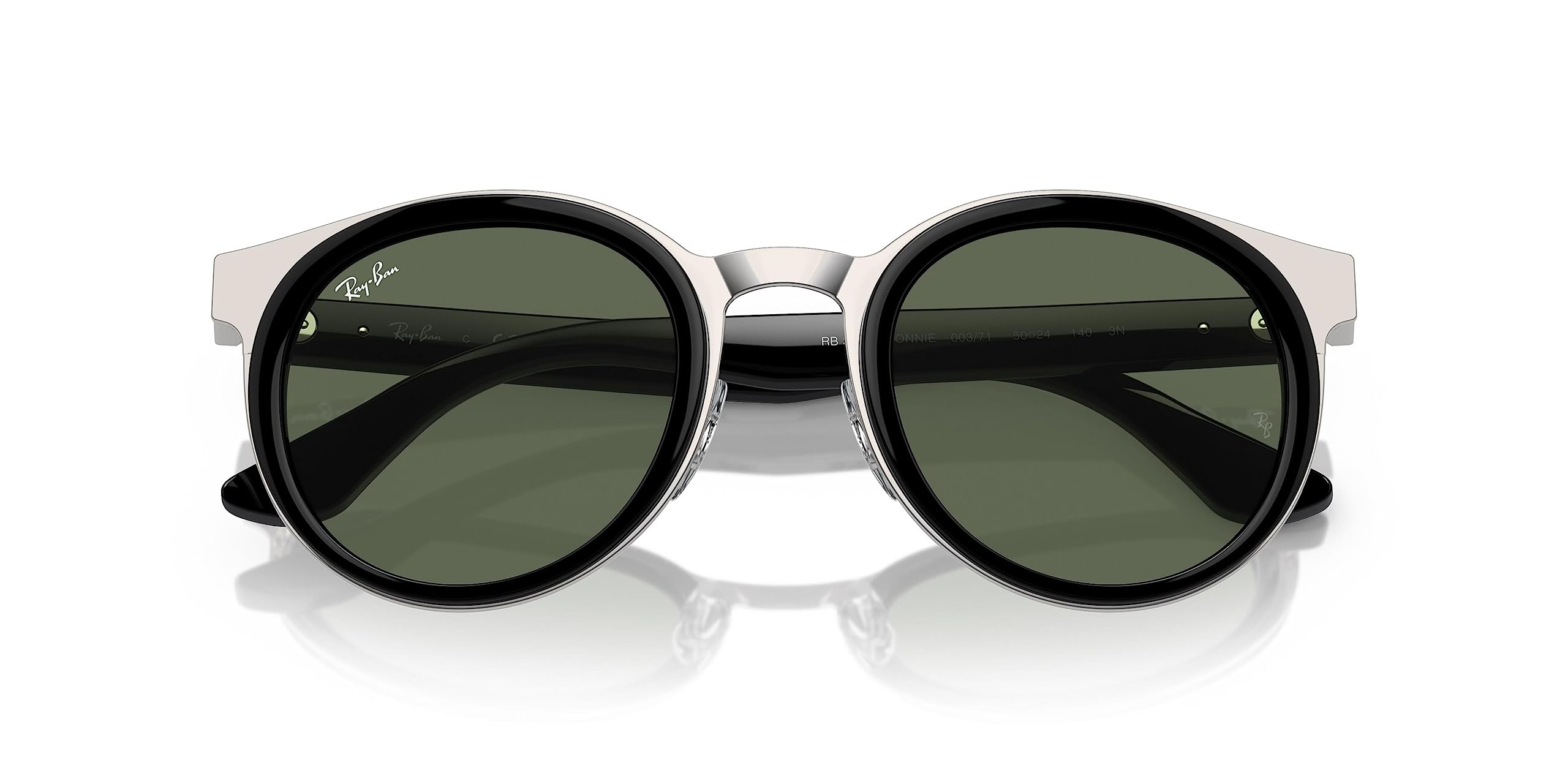 Ray-Ban RB3710 Bonnie Round Sunglasses, Black on Silver/Dark Green, 50 mm