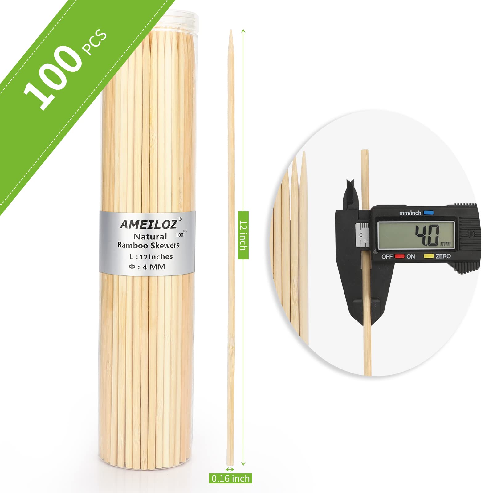 12" Natural Bamboo Wood Barbecue Skewers for Kabob, Appetizer, Fruit, Sausage, Chocolate Fountain, Wooden BBQ Kebob Skewer Stick, Organic Food Sticks for Grilling, Kitchen (Φ=4mm Thick, 100PCS)