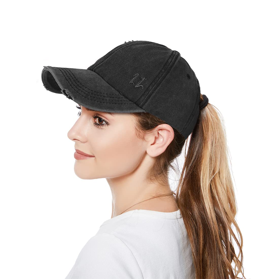 HGGE Women Ponytail Criss Cross High Messy Buns Ponycaps Baseball Cap Adjustable Cotton Distressed Dad Trucker Hat for Outdoor Sports Travel Black