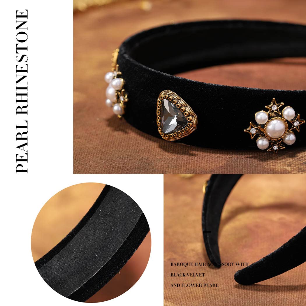 Coridy Black Baroque Jeweled Headband Pearl Rhinestones Wide Hairband Velvet Hair Hoop Wide Head Band for Women (Elegant)