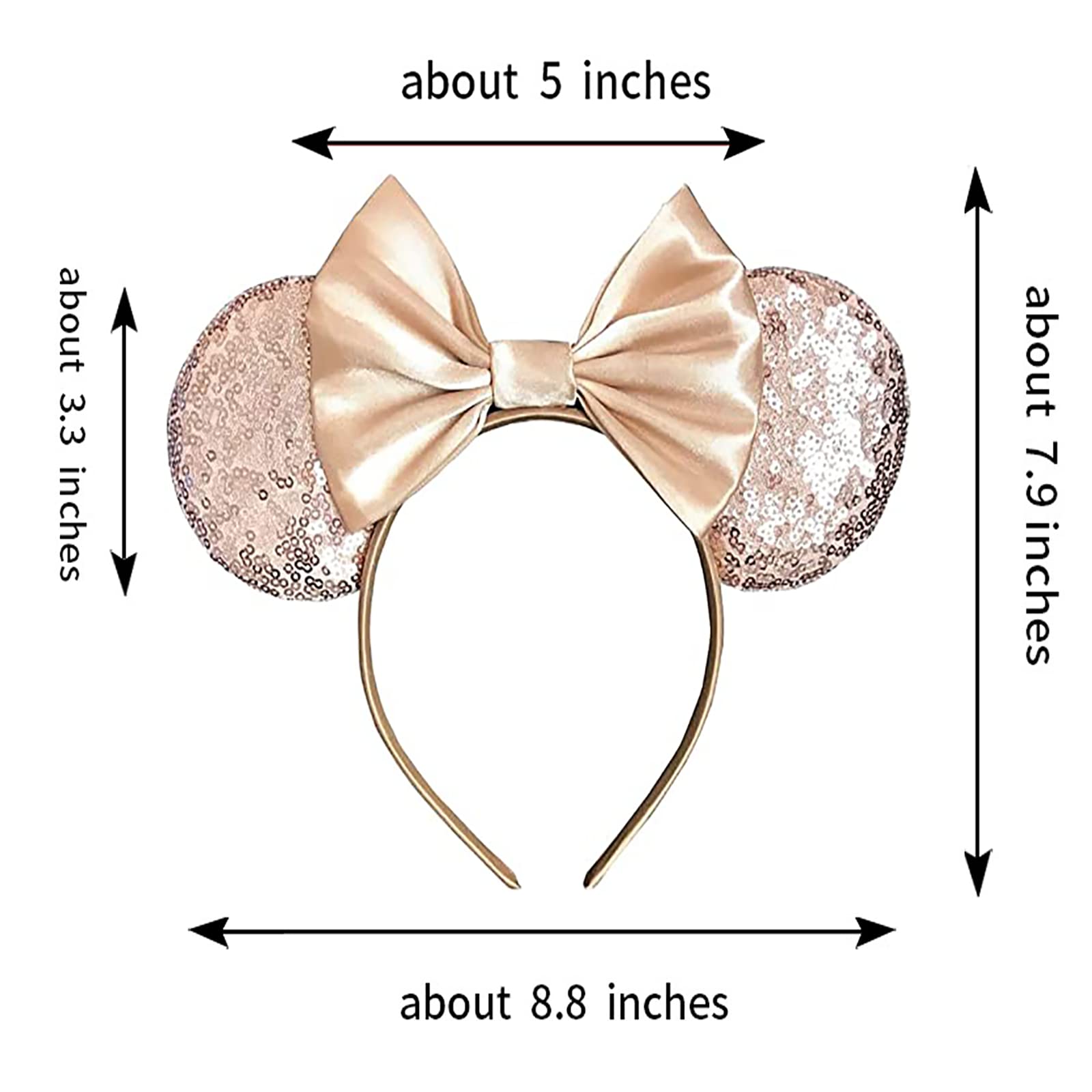 Foeran Mouse Ears Headbands, Sequin Mouse Ears Headband with Bow for Kids Adults Women, Accessories for Birthday Party Cosplay Costume (light gold bow)