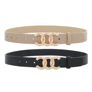 Earnda 2 Pack Women Belts for Jeans Dresses Fashion Gold Buckle Ladies Waist Belt Faux Leather Beige and Black Medium 30-33