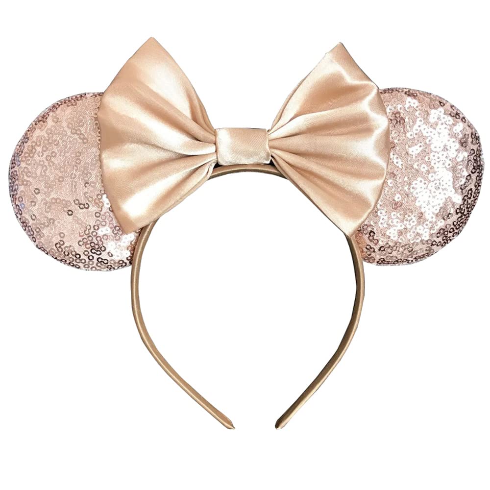 Foeran Mouse Ears Headbands, Sequin Mouse Ears Headband with Bow for Kids Adults Women, Accessories for Birthday Party Cosplay Costume (light gold bow)