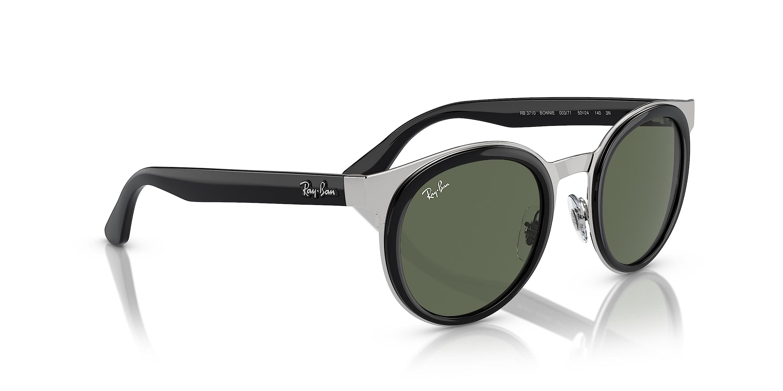 Ray-Ban RB3710 Bonnie Round Sunglasses, Black on Silver/Dark Green, 50 mm