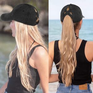 HGGE Women Ponytail Criss Cross High Messy Buns Ponycaps Baseball Cap Adjustable Cotton Distressed Dad Trucker Hat for Outdoor Sports Travel Black