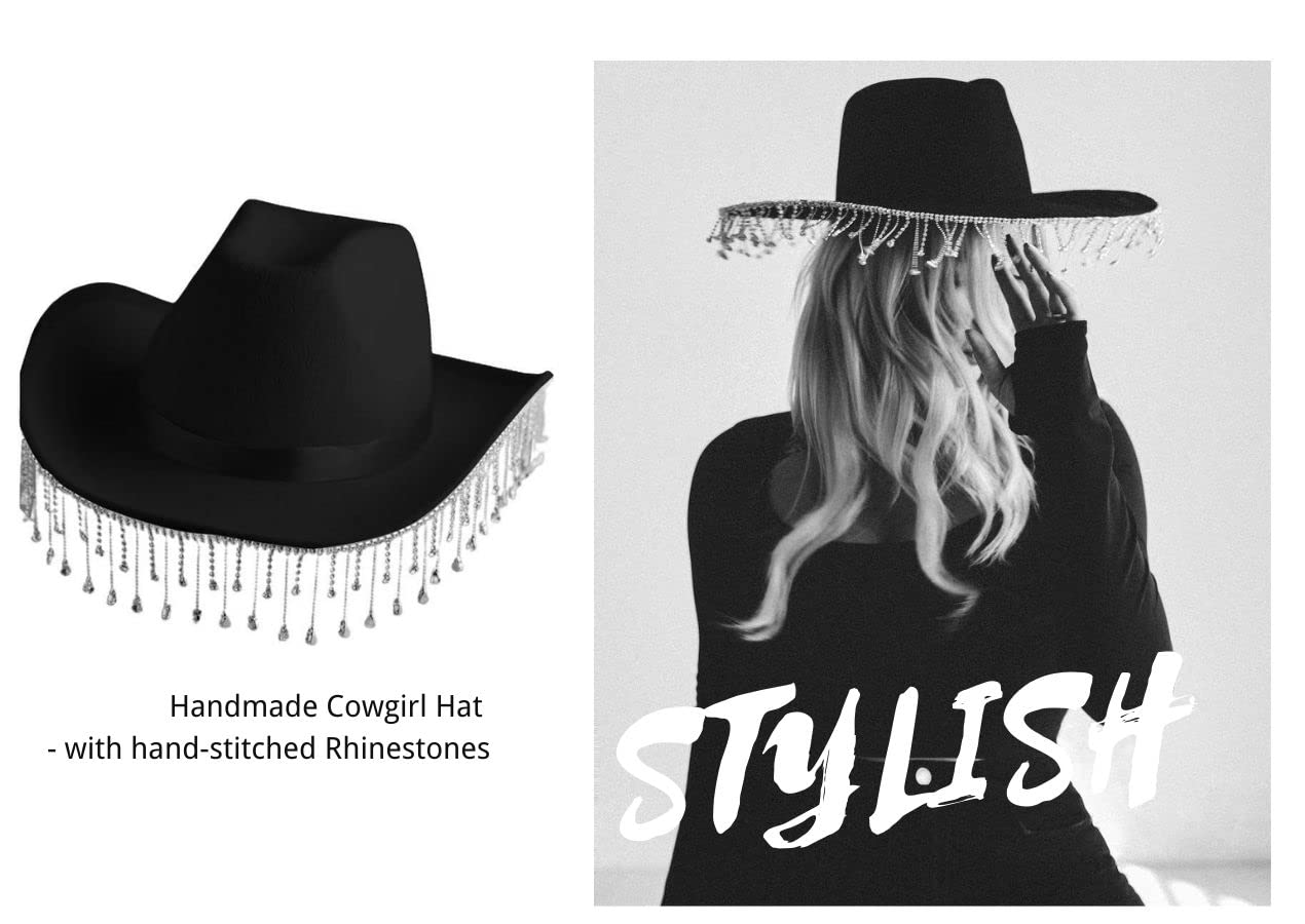 Eliaukly Bedazzled Cowgirl Hat with Rhinestones,Cowboy Hat for Women Halloween Bachelorette Party… Black