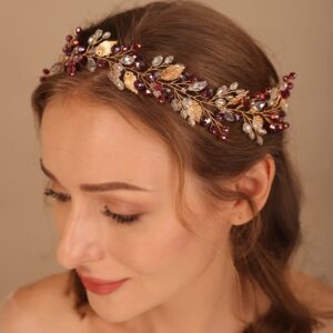 Teyglen Bridal Wedding Hair Vine Headband Silver Crystal Leaf Hair Pieces Handmade Blue Red Green Rhinestone Headpiece Hair Accessories for Women Bride Girls (Light Purple)