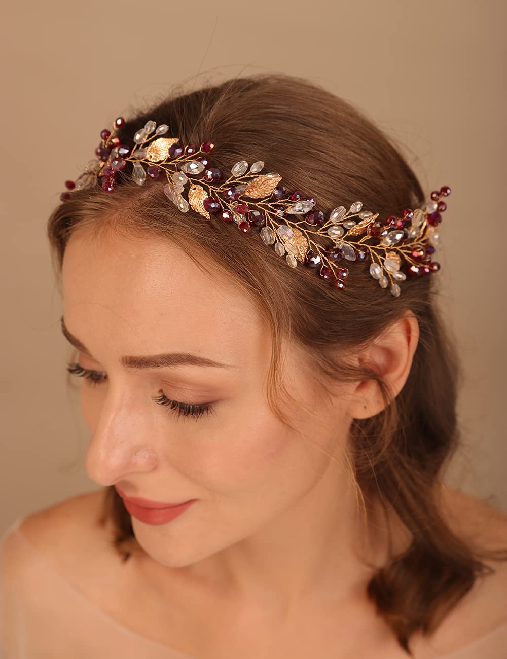 Teyglen Bridal Wedding Hair Vine Headband Silver Crystal Leaf Hair Pieces Handmade Blue Red Green Rhinestone Headpiece Hair Accessories for Women Bride Girls (Light Purple)