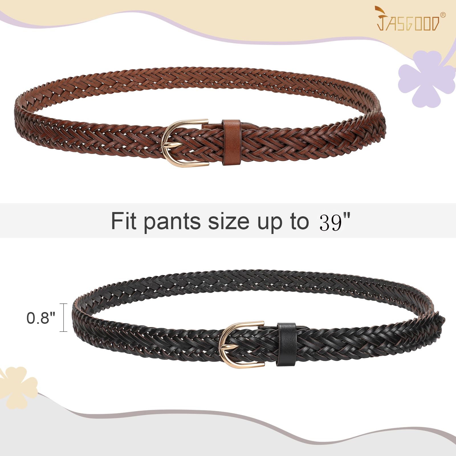 JASGOOD 2 Pack Women Skinny Leather Belts Thin Braided Leather Belts Casual Woven Waist Belt for Jeans Pants Dresses