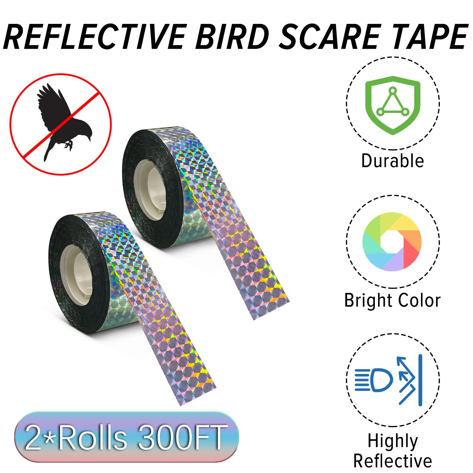 MP mypole Bird Scare Tape Ribbon, 2 * 300 Foot Reflective Tape Ribbon for Birds Woodpecker Scare Reflective Flash Tape Scare Birds Away for Outdoor, House, Garden, Patio, Orchard