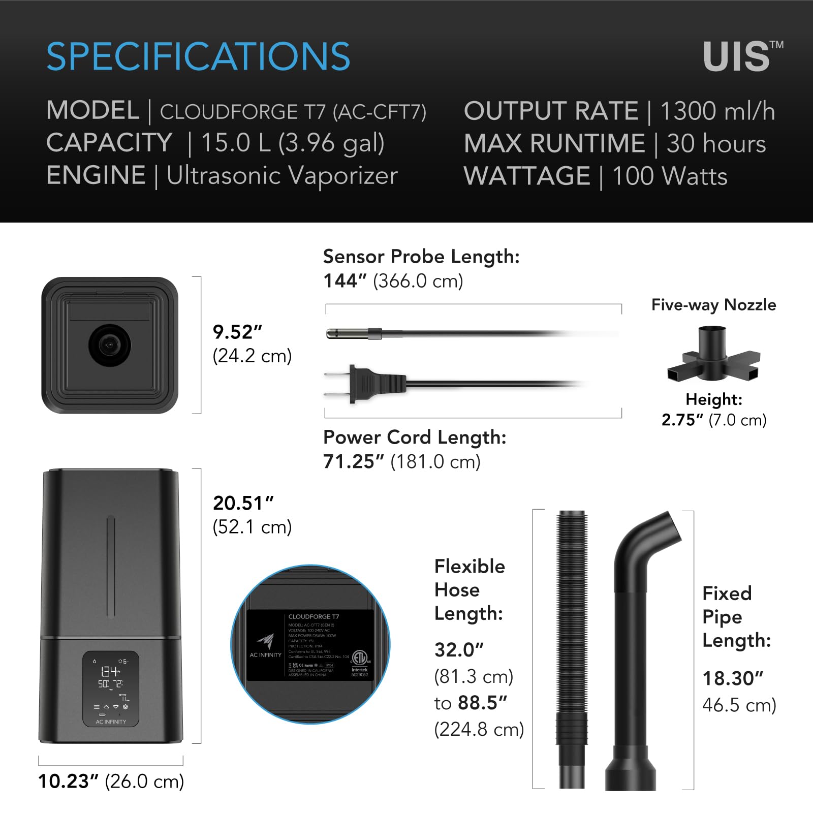 AC Infinity CLOUDFORGE T7, Plant Humidifier 15L with VPD Humidity Controls, 10-Level Precision Vaporizer, Extendable Hose, Targeting Pipe, and No-Leak Seal for Grow Tents