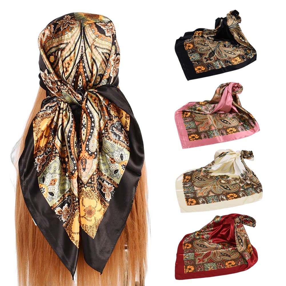 upeilxd 4Pcs Silk Head Scarves for Women Satin Hair Scarf 35”Large Square Bandana Silk Like Neck Scarf Shawl Sleeping Headscarf (Black/Red/Pink/Beige)