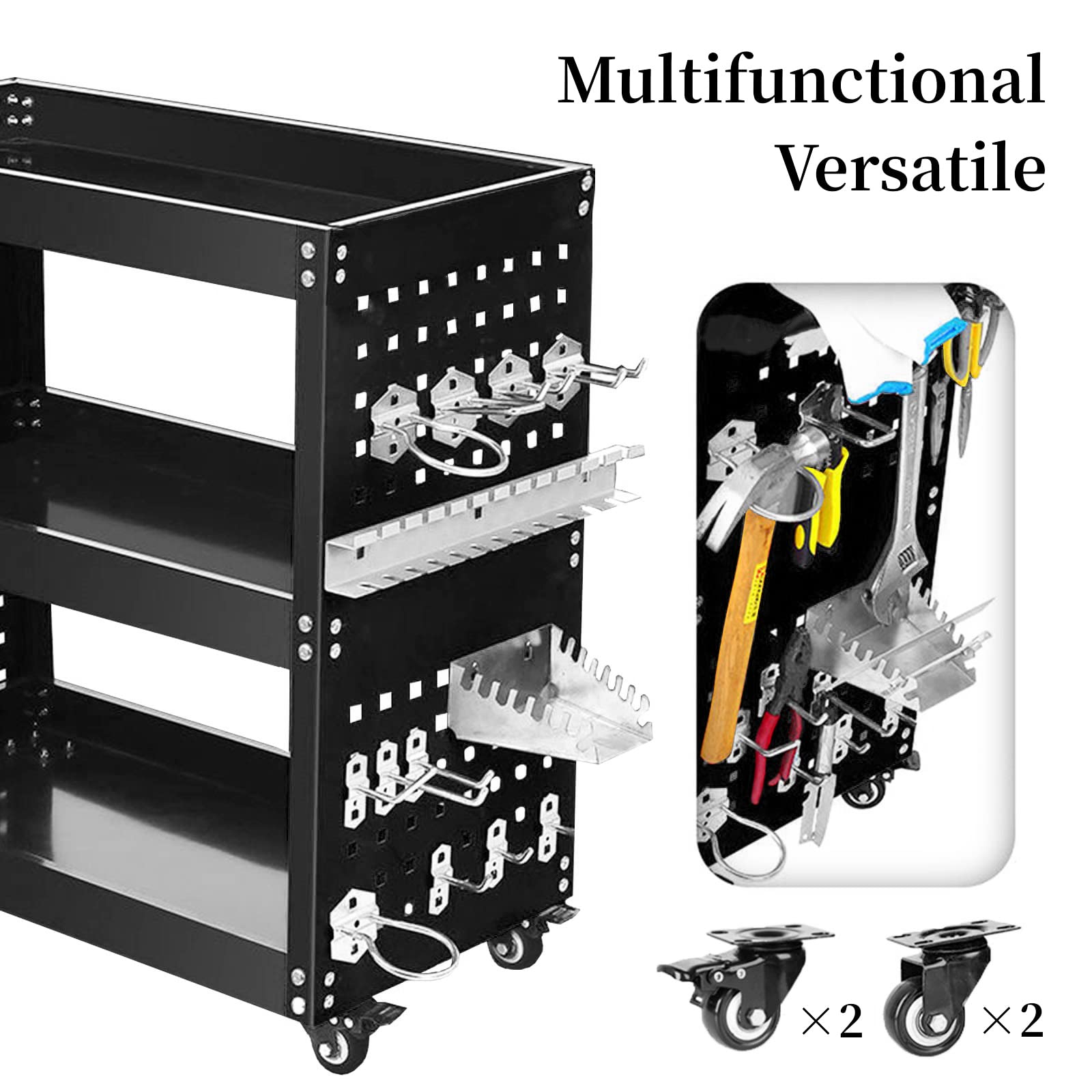 Rolling Tool Cart,3 Tier Heavy Duty Mechanic Tool Storage Cart on Wheels,Side Pegboard kit and Lockable System, 14 Hooks, 300lbs Load Capacity, for Garage Warehouse Workshop Repair Shop (Black)