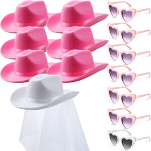 Unittype 14 Pcs Bridal Cowgirl Party Set Heart Glasses Bride Cowboy Hats for Bachelorette Party Bridal Wedding Shower (Pink, White)